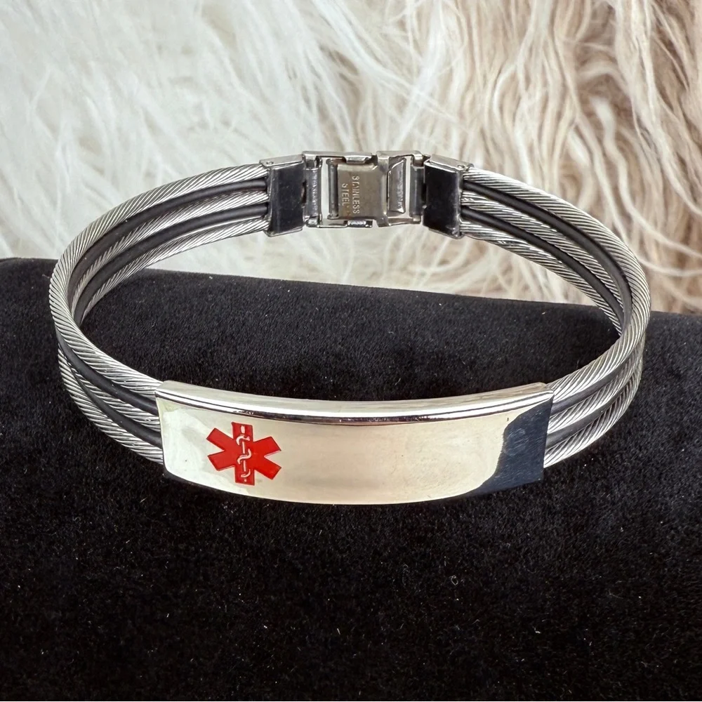 Stainless Steel Silvertone Black Unisex Medical Alert ID Bracelet